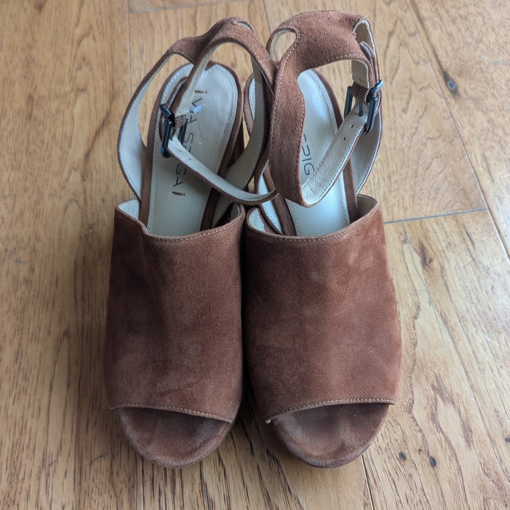 Via Spiga Platform Sandals Brown‎ Suede Block Heel Peep Toe Sz 7M Boho Festival